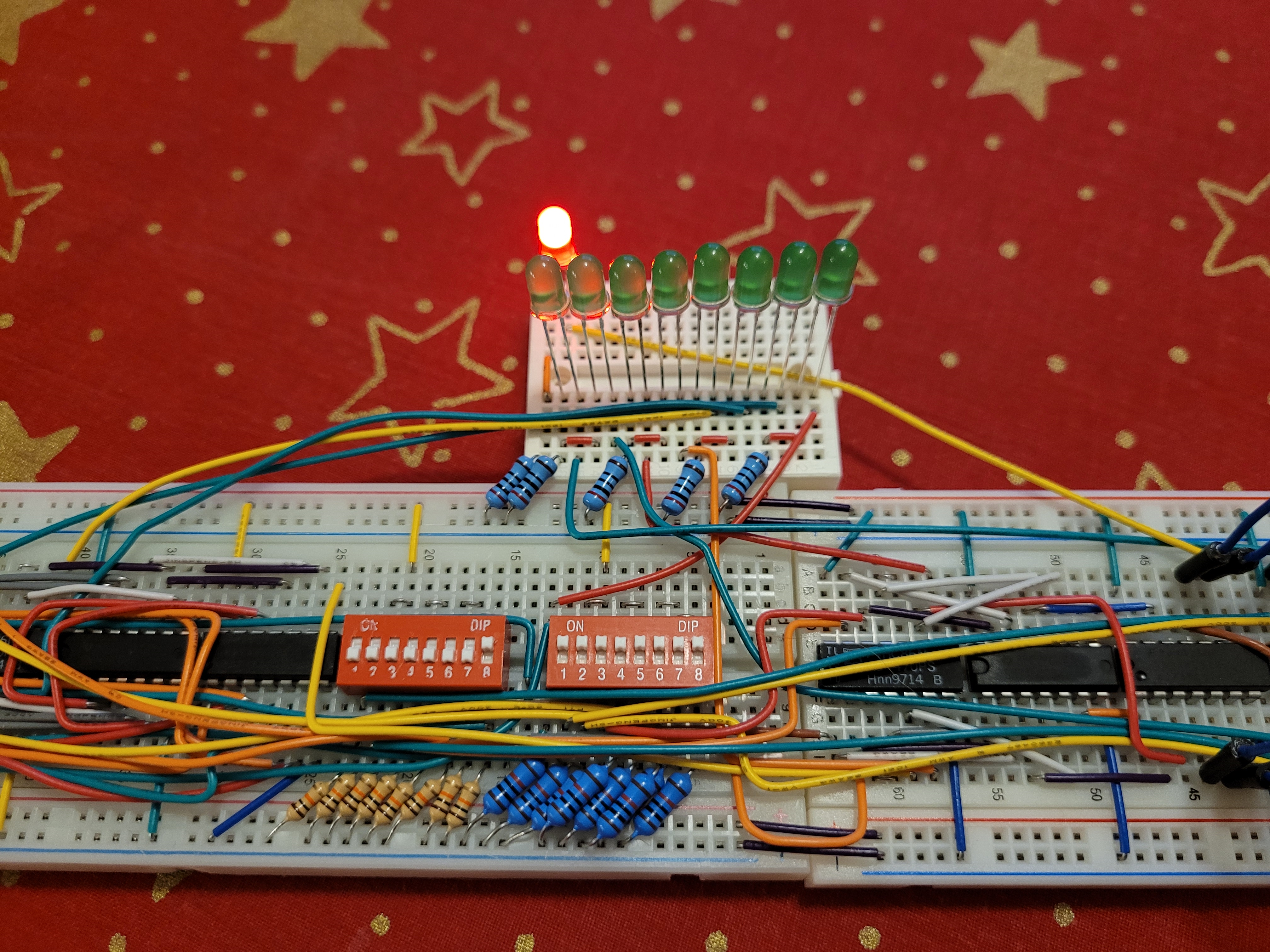 Picture of the adder where the output has  rolled over and the output only has the carry out light on