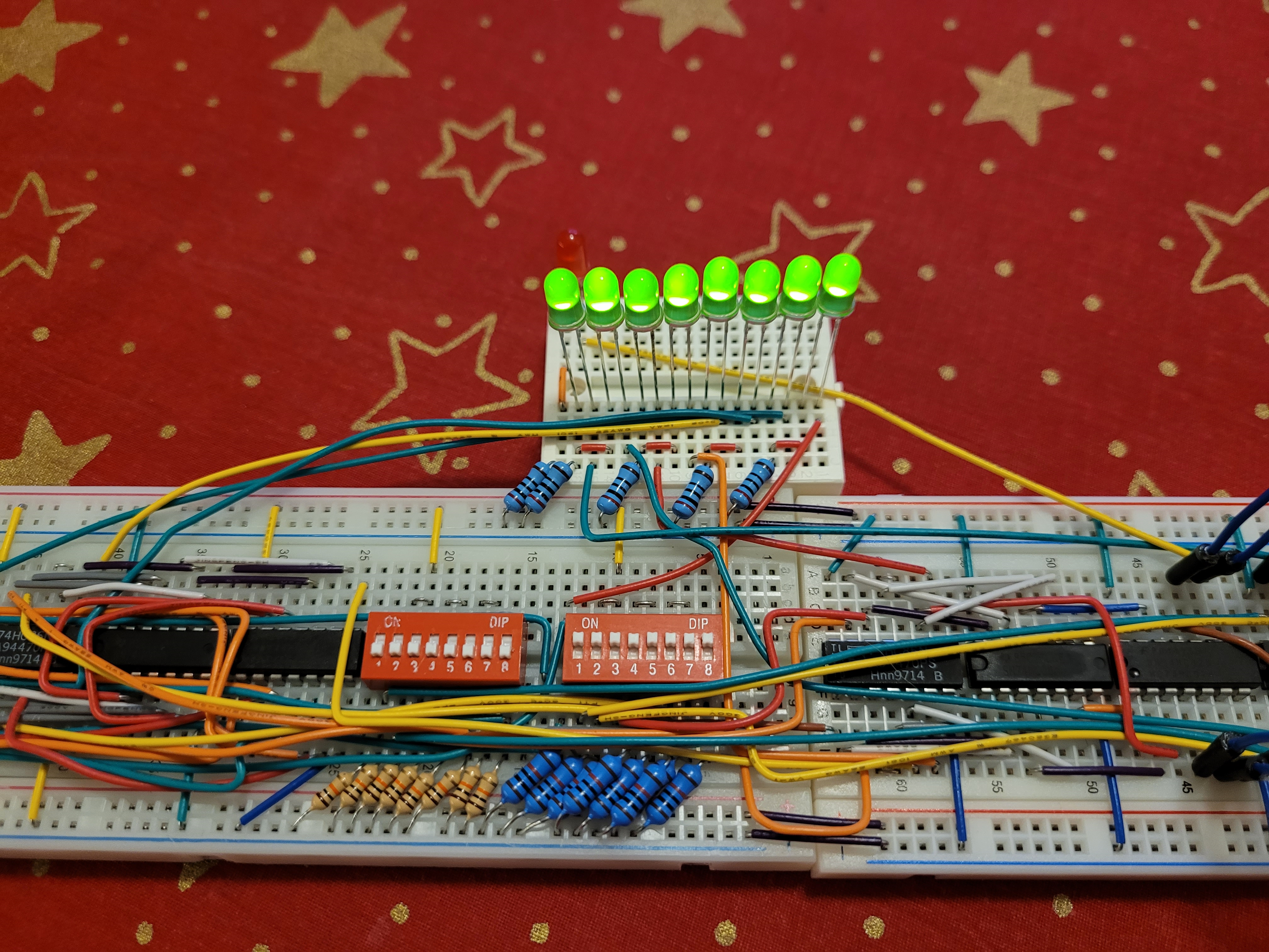 Picture of the adder where an input of all 1s is given on the left DIP switches.
